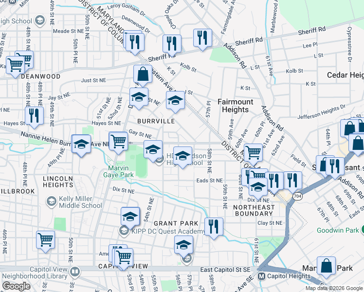 map of restaurants, bars, coffee shops, grocery stores, and more near 5601 Nannie Helen Burroughs Avenue Northeast in Washington