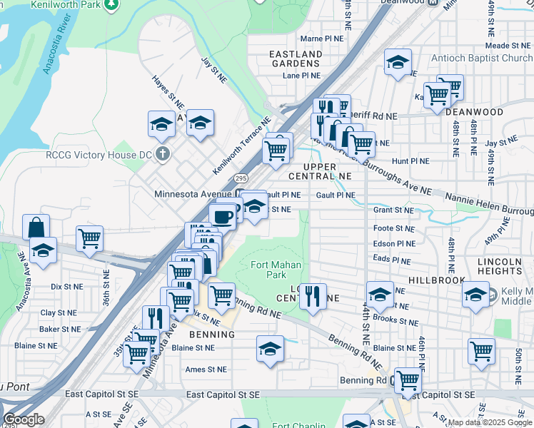 map of restaurants, bars, coffee shops, grocery stores, and more near 4035 Grant Street Northeast in Washington