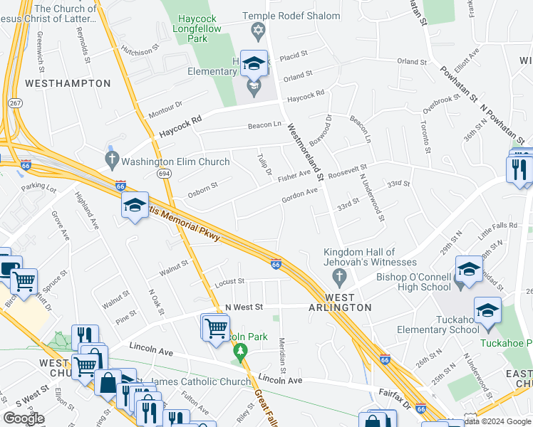 map of restaurants, bars, coffee shops, grocery stores, and more near 6627 Gordon Avenue in Falls Church