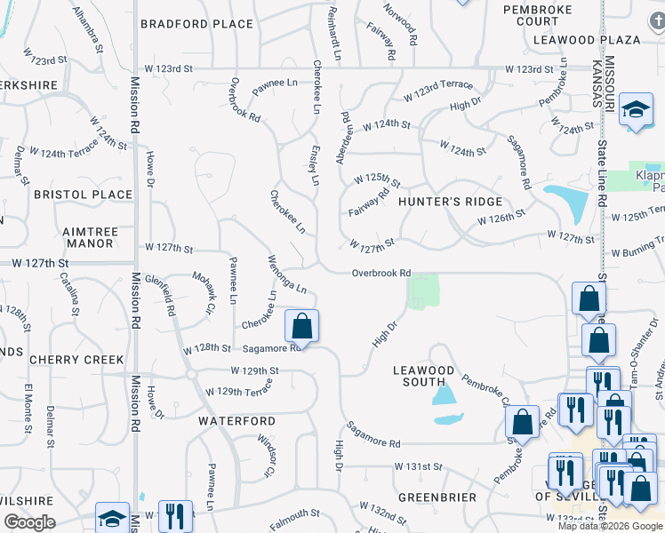 map of restaurants, bars, coffee shops, grocery stores, and more near 12631 Overbrook Road in Leawood