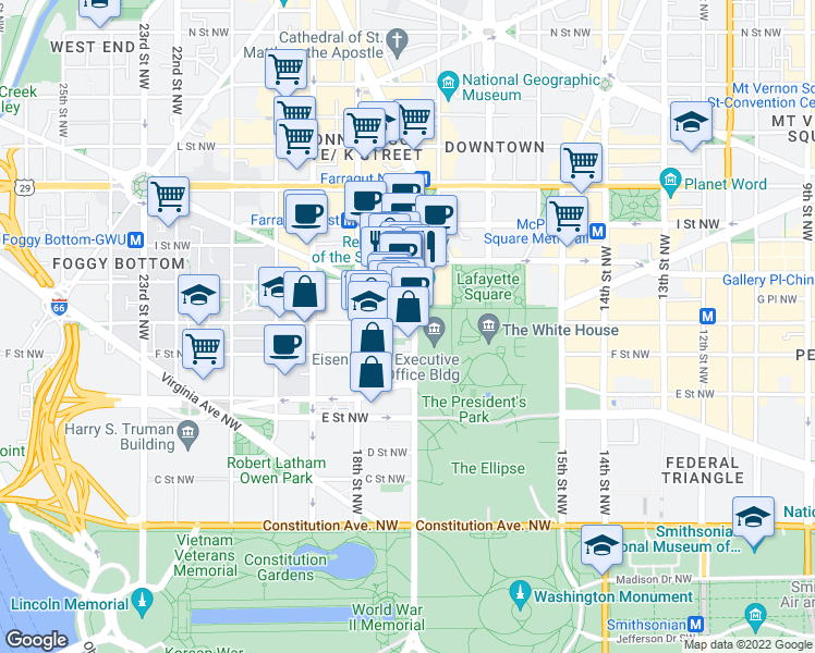 map of restaurants, bars, coffee shops, grocery stores, and more near 1700 G Street Northwest in Washington