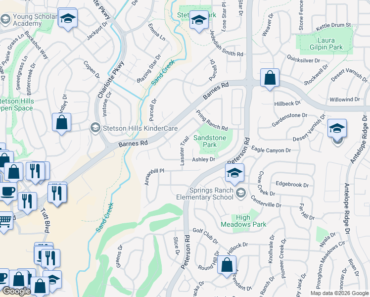 map of restaurants, bars, coffee shops, grocery stores, and more near 4530 Isabell Place in Colorado Springs