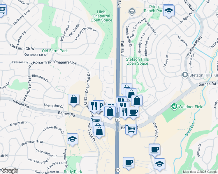 map of restaurants, bars, coffee shops, grocery stores, and more near 4552 Asher Heights in Colorado Springs