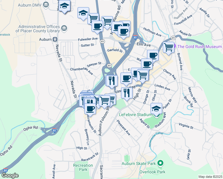map of restaurants, bars, coffee shops, grocery stores, and more near 1308 Lincoln Way in Auburn