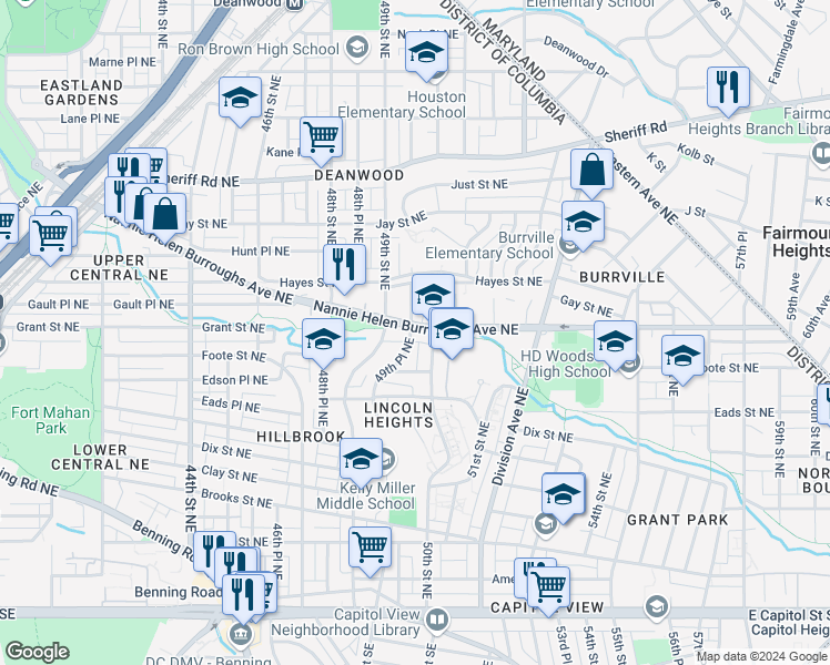 map of restaurants, bars, coffee shops, grocery stores, and more near 101 Independence Avenue Southeast in Washington