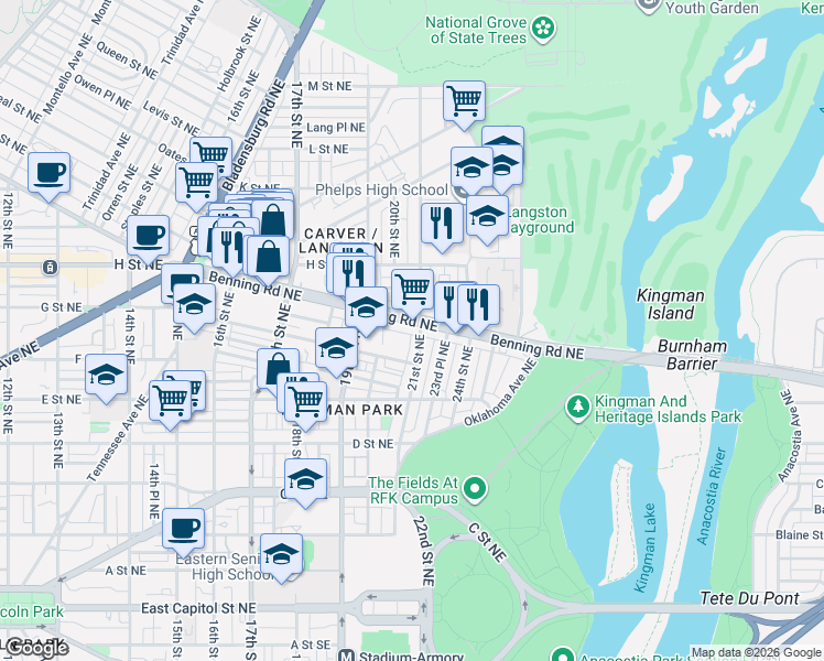 map of restaurants, bars, coffee shops, grocery stores, and more near 101 Independence Avenue Southeast in Washington