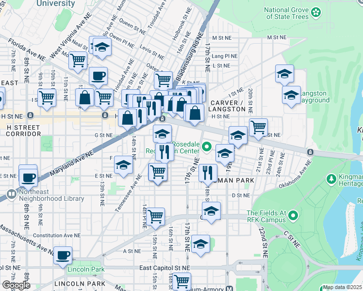 map of restaurants, bars, coffee shops, grocery stores, and more near 101 Independence Avenue Southeast in Washington