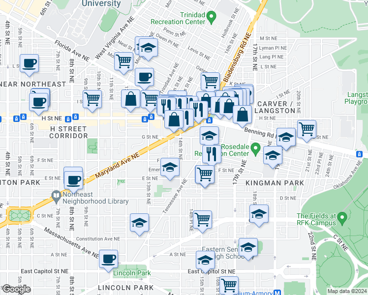 map of restaurants, bars, coffee shops, grocery stores, and more near 101 Independence Avenue Southeast in Washington