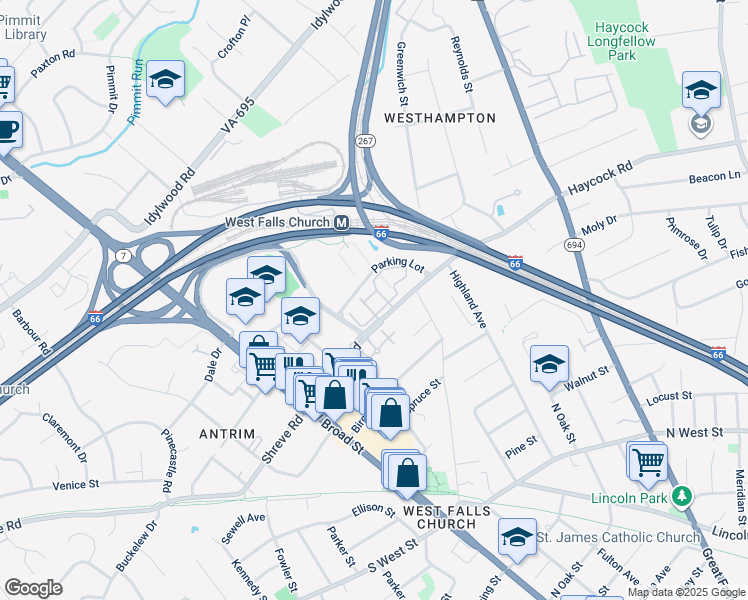 map of restaurants, bars, coffee shops, grocery stores, and more near 7015 Metropolitan Place in Falls Church