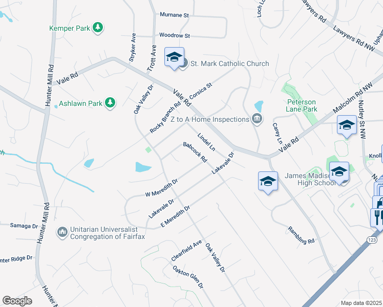 map of restaurants, bars, coffee shops, grocery stores, and more near 2506 Babcock Road in Vienna