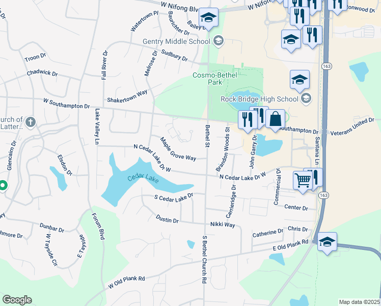 map of restaurants, bars, coffee shops, grocery stores, and more near 155 Maple Grove Way in Columbia