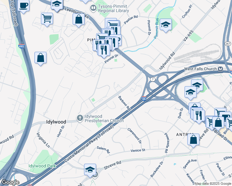map of restaurants, bars, coffee shops, grocery stores, and more near 2298 Cartbridge Road in Falls Church