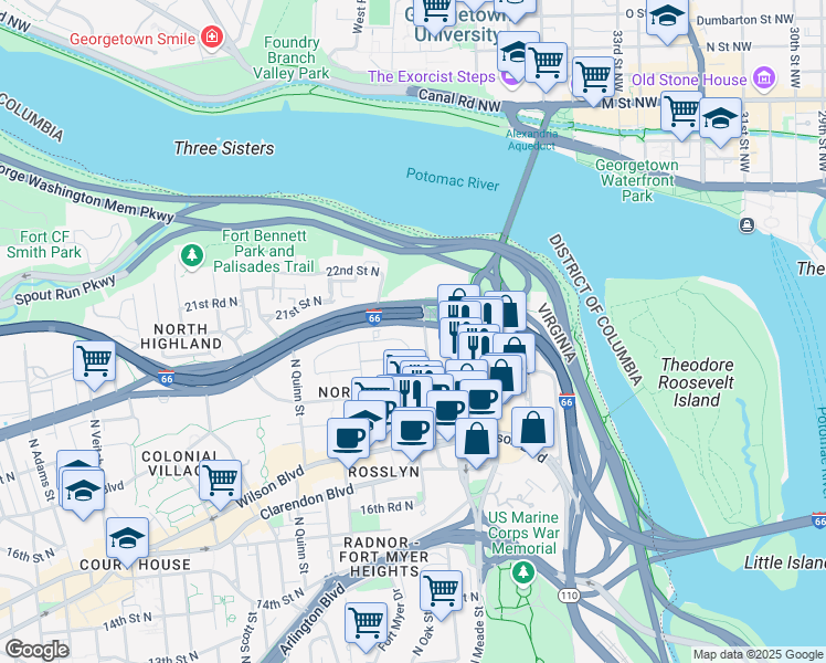 map of restaurants, bars, coffee shops, grocery stores, and more near 1569 North Colonial Terrace in Arlington
