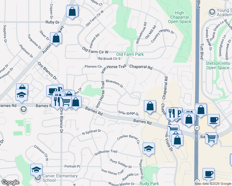 map of restaurants, bars, coffee shops, grocery stores, and more near 5150 Mayweed Court in Colorado Springs