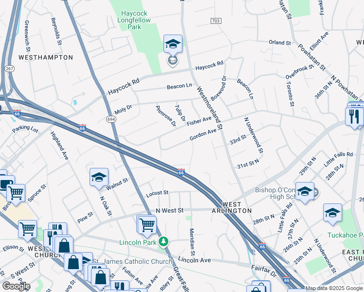 map of restaurants, bars, coffee shops, grocery stores, and more near 6627 Gordon Avenue in Falls Church