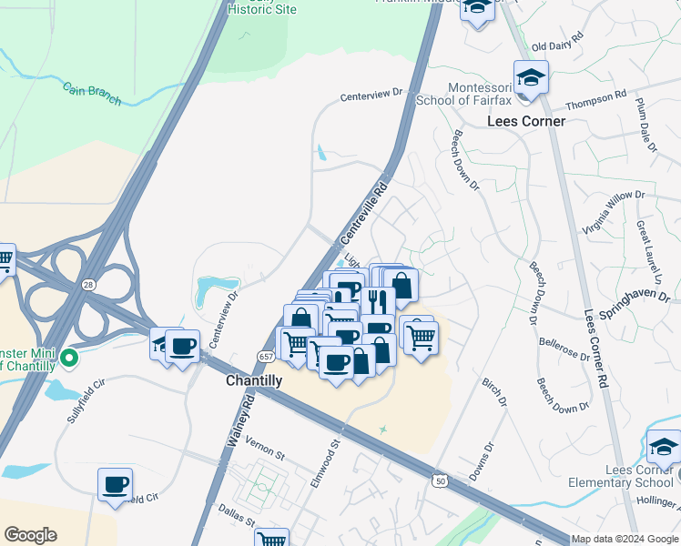 map of restaurants, bars, coffee shops, grocery stores, and more near 3820 Lightfoot Street in Chantilly