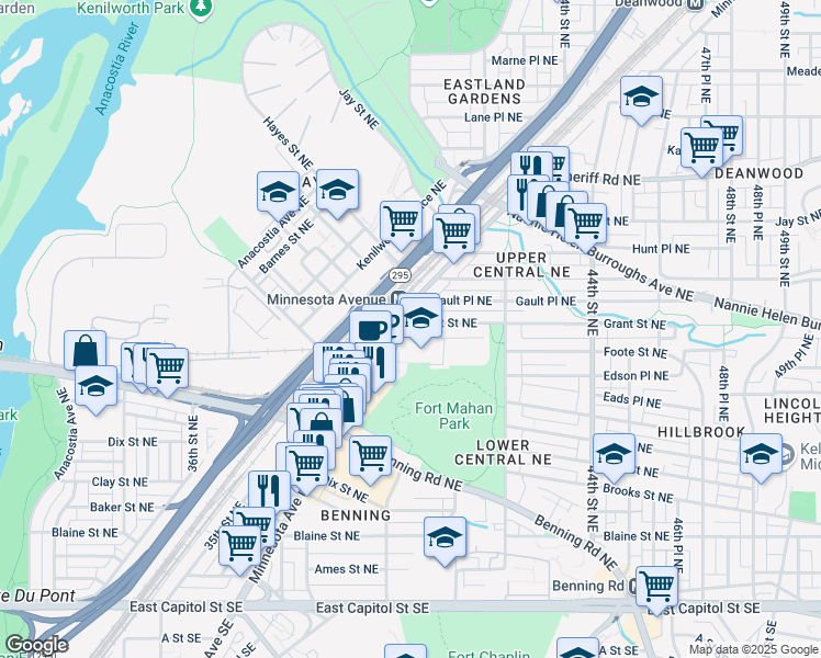 map of restaurants, bars, coffee shops, grocery stores, and more near 4121 Minnesota Avenue Northeast in Washington
