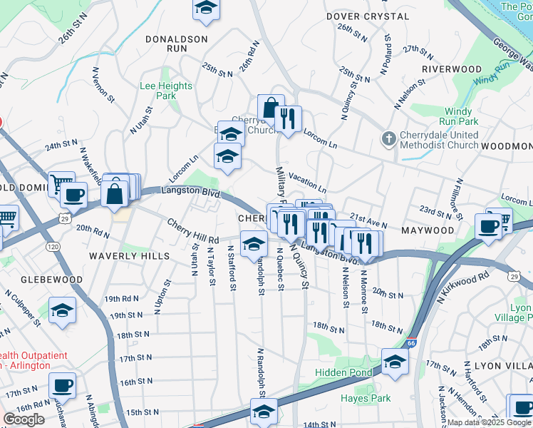 map of restaurants, bars, coffee shops, grocery stores, and more near 2124 Military Road in Arlington