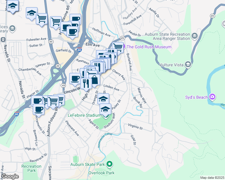 map of restaurants, bars, coffee shops, grocery stores, and more near 384 Linden Avenue in Auburn