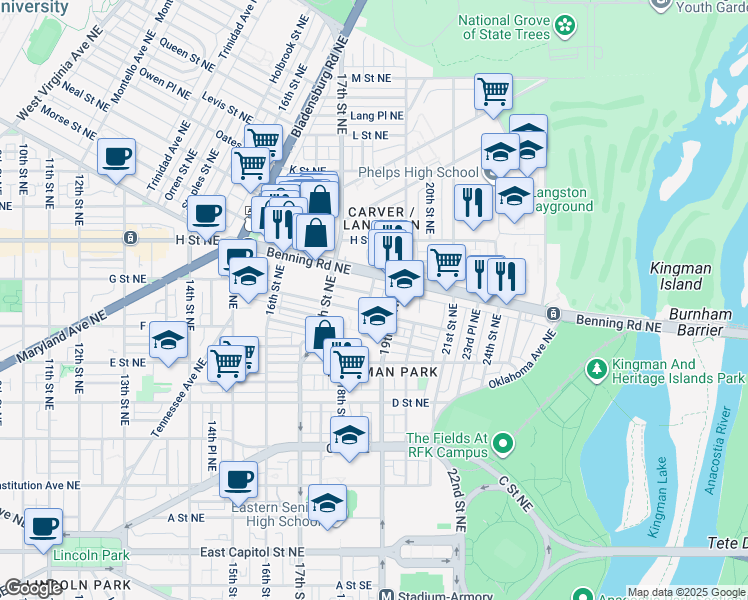 map of restaurants, bars, coffee shops, grocery stores, and more near 719 18th Street Northeast in Washington