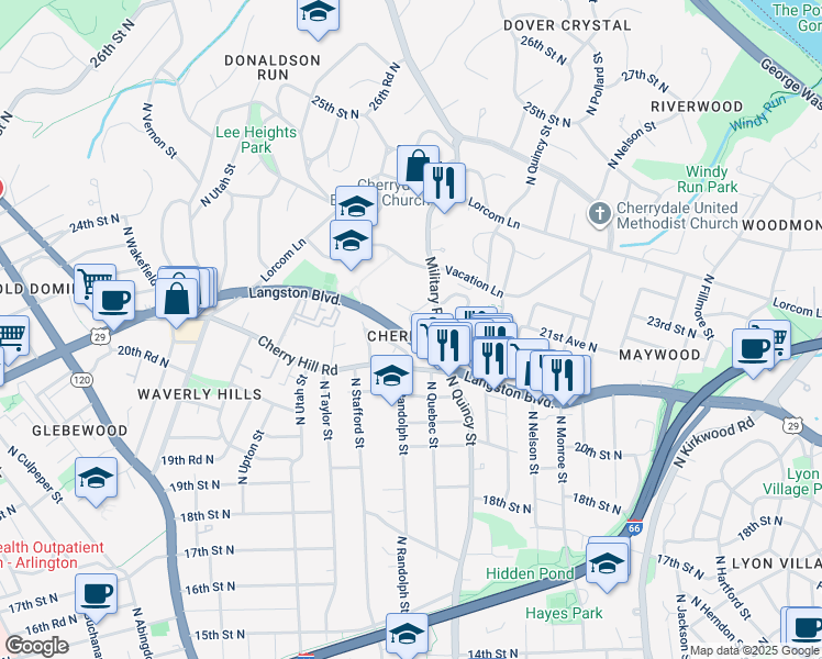 map of restaurants, bars, coffee shops, grocery stores, and more near 2124 Military Road in Arlington
