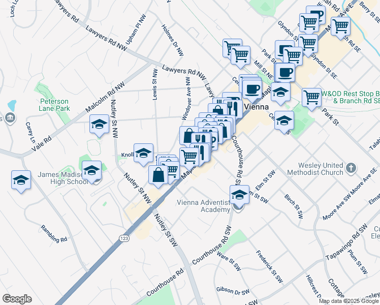map of restaurants, bars, coffee shops, grocery stores, and more near 301 Maple Avenue West in Vienna
