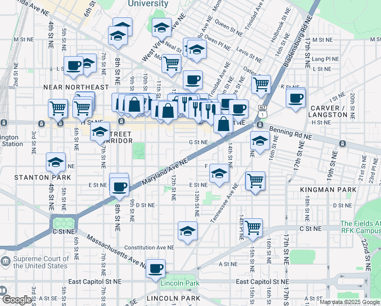 map of restaurants, bars, coffee shops, grocery stores, and more near 1242 Maryland Avenue Northeast in Washington