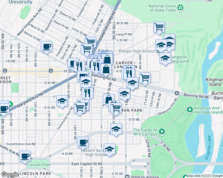 map of restaurants, bars, coffee shops, grocery stores, and more near 101 Independence Avenue Southeast in Washington