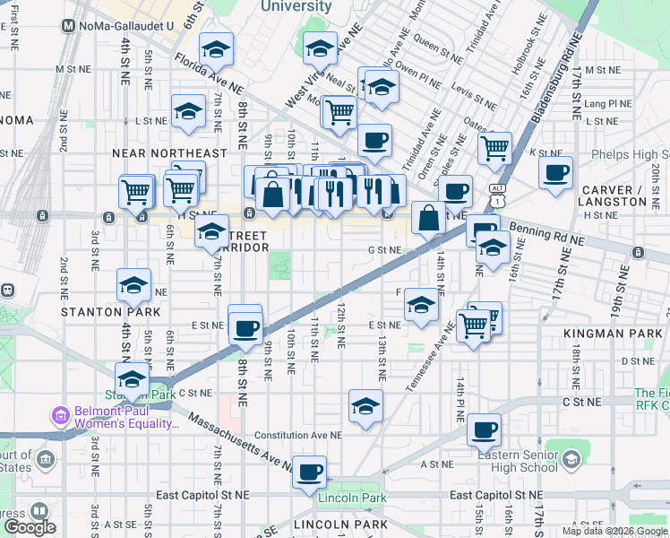 map of restaurants, bars, coffee shops, grocery stores, and more near 618 12th Street Northeast in Washington