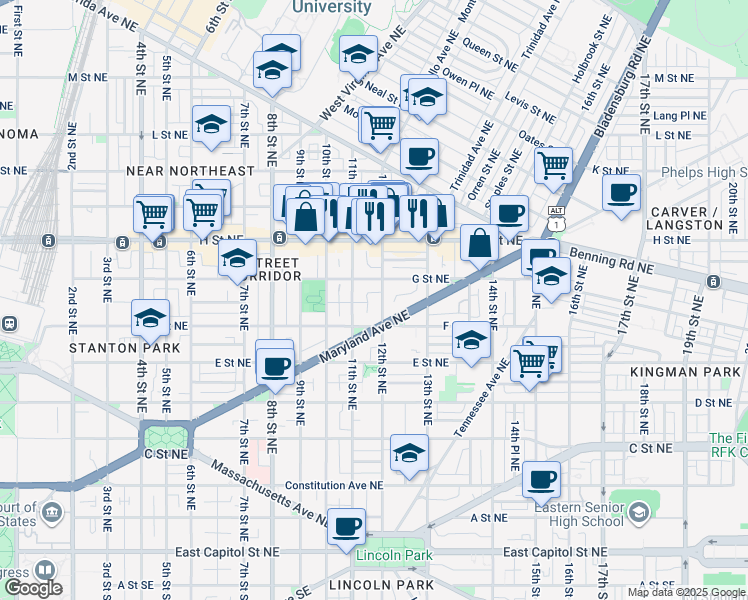 map of restaurants, bars, coffee shops, grocery stores, and more near 618 12th Street Northeast in Washington