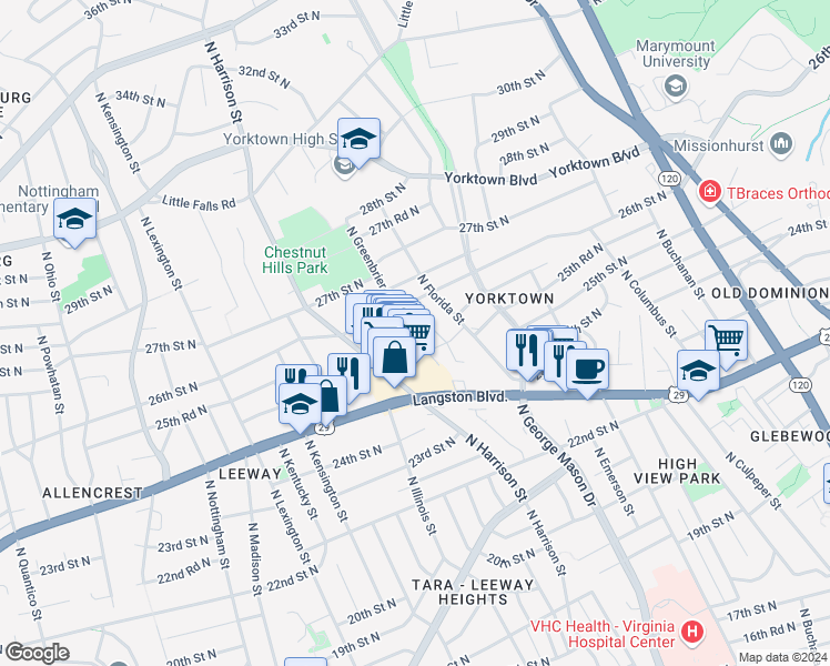 map of restaurants, bars, coffee shops, grocery stores, and more near 2547 North Greenbrier Street in Arlington