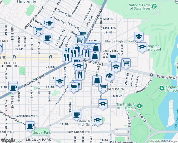map of restaurants, bars, coffee shops, grocery stores, and more near 1617 Gales Street Northeast in Washington
