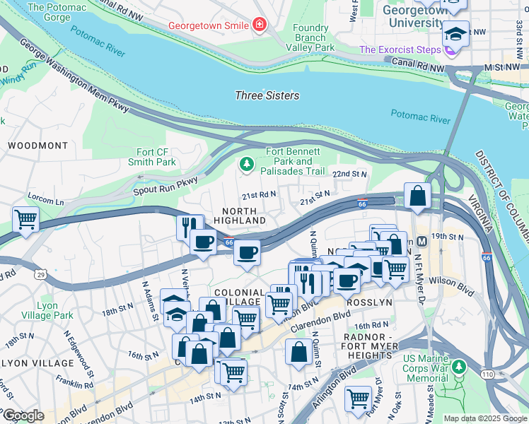 map of restaurants, bars, coffee shops, grocery stores, and more near 2106 North Scott Street in Arlington