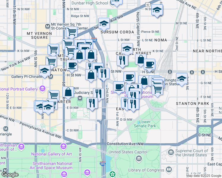map of restaurants, bars, coffee shops, grocery stores, and more near 600 New Jersey Avenue Northwest in Washington