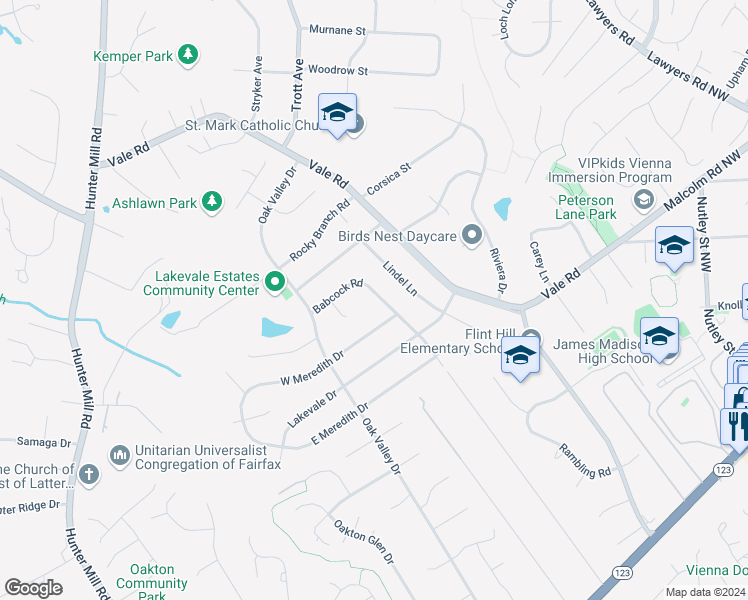 map of restaurants, bars, coffee shops, grocery stores, and more near 2506 Babcock Road in Vienna