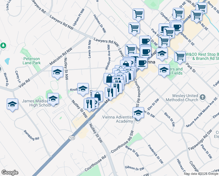 map of restaurants, bars, coffee shops, grocery stores, and more near 301 Maple Avenue West in Vienna