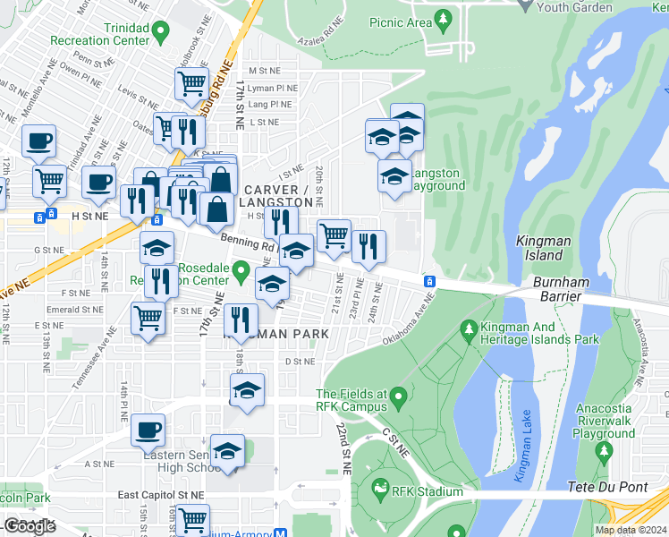 map of restaurants, bars, coffee shops, grocery stores, and more near 2031 Benning Road Northeast in Washington