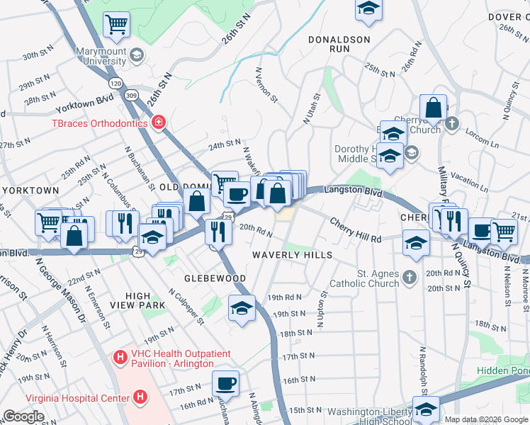 map of restaurants, bars, coffee shops, grocery stores, and more near 4600 Lee Highway in Arlington