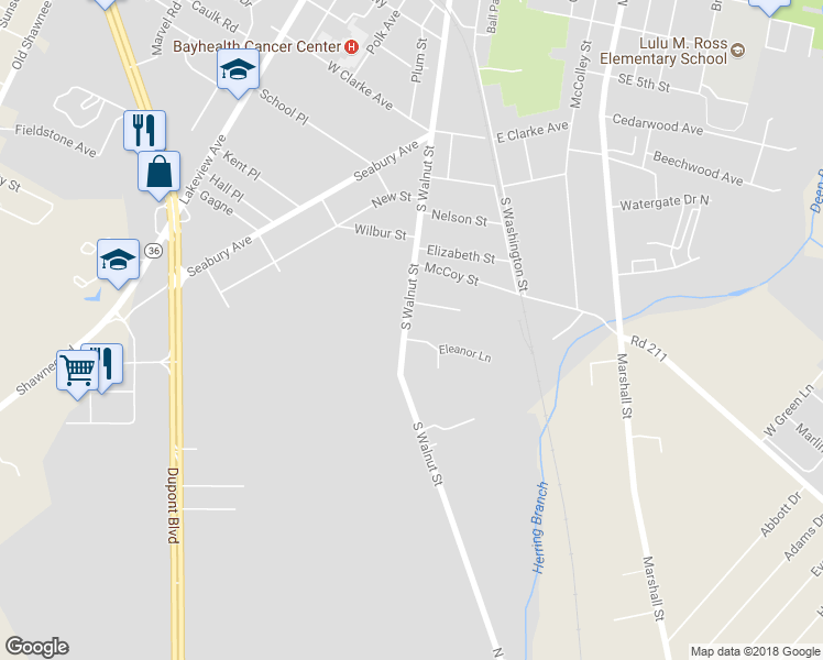 map of restaurants, bars, coffee shops, grocery stores, and more near 18503 Thelma Lane in Milford