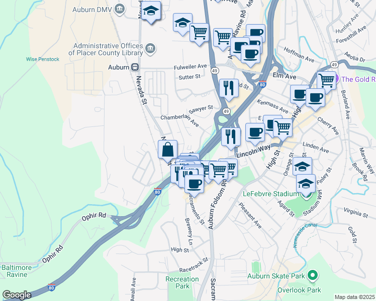 map of restaurants, bars, coffee shops, grocery stores, and more near 287 Placer Street in Auburn