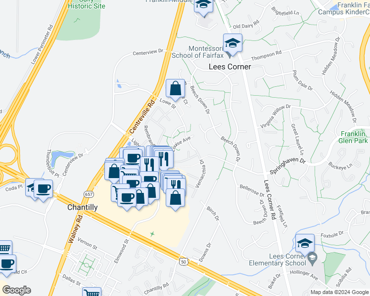 map of restaurants, bars, coffee shops, grocery stores, and more near 3750 Picasso Place in Chantilly