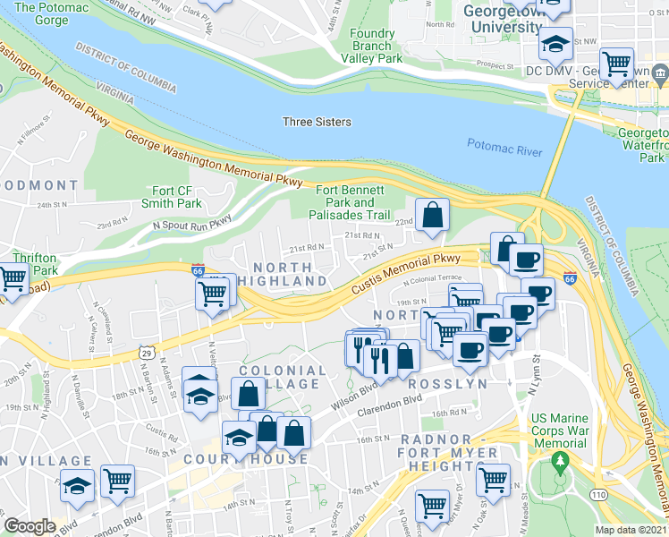 map of restaurants, bars, coffee shops, grocery stores, and more near 21st St N & N Rolfe St in Arlington