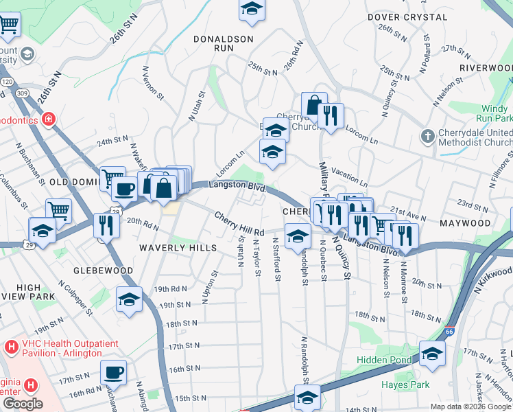 map of restaurants, bars, coffee shops, grocery stores, and more near 4300 Langston Boulevard in Arlington