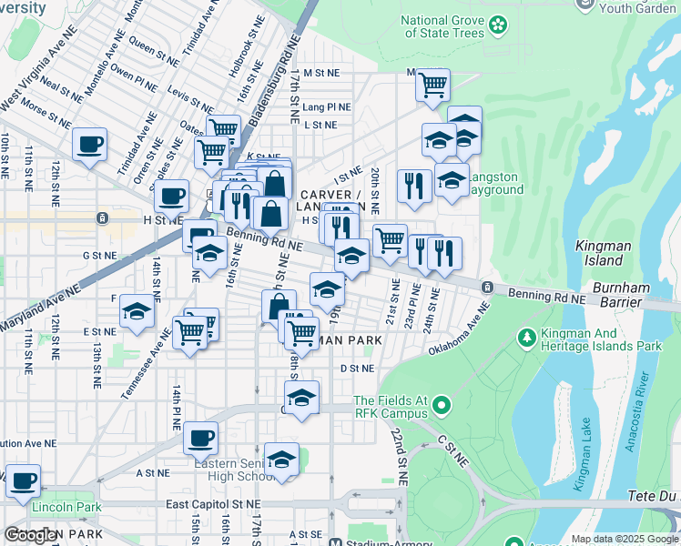 map of restaurants, bars, coffee shops, grocery stores, and more near 728 19th Street Northeast in Washington