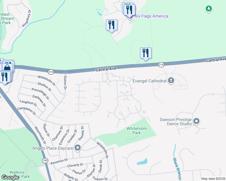 map of restaurants, bars, coffee shops, grocery stores, and more near 14040 New Acadia Lane in Upper Marlboro