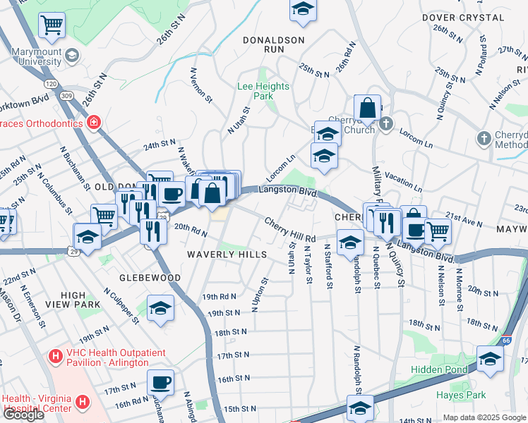 map of restaurants, bars, coffee shops, grocery stores, and more near 4371 Cherry Hill Road in Arlington