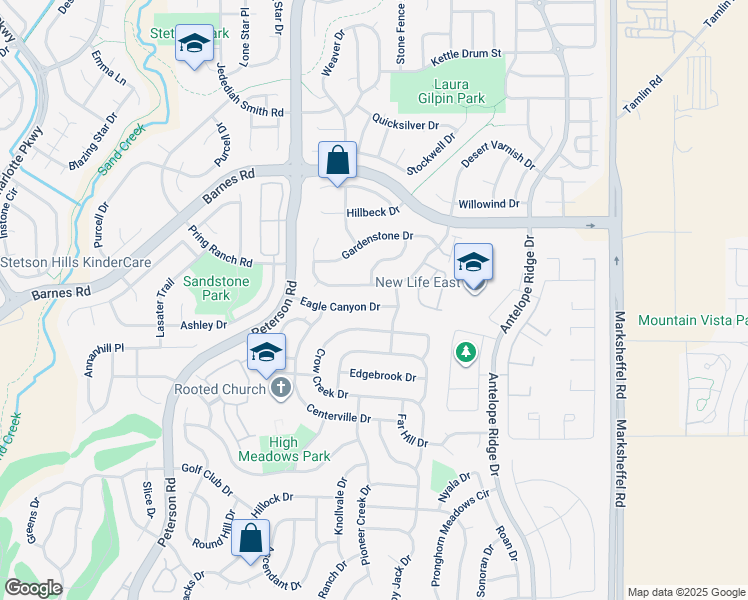 map of restaurants, bars, coffee shops, grocery stores, and more near 7285 Eagle Canyon Drive in Colorado Springs