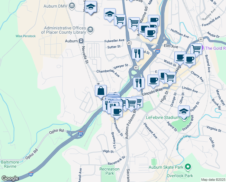 map of restaurants, bars, coffee shops, grocery stores, and more near 287 Placer Street in Auburn