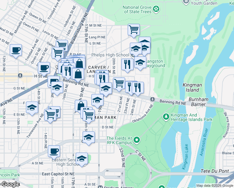map of restaurants, bars, coffee shops, grocery stores, and more near 101 Independence Avenue Southeast in Washington