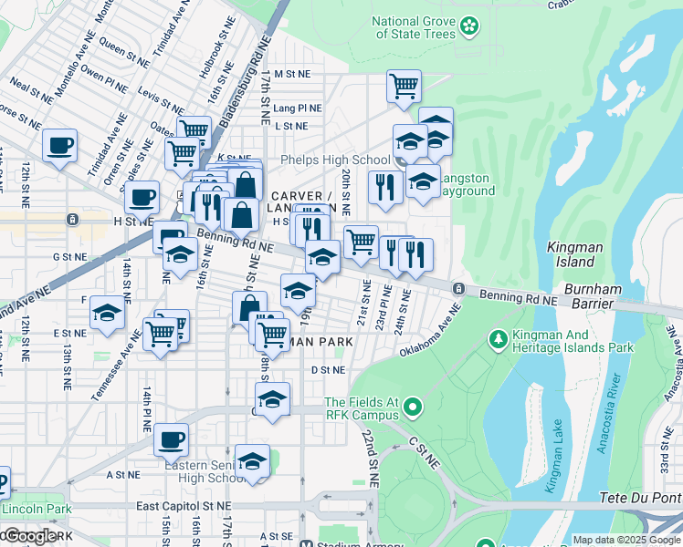 map of restaurants, bars, coffee shops, grocery stores, and more near 101 Independence Avenue Southeast in Washington